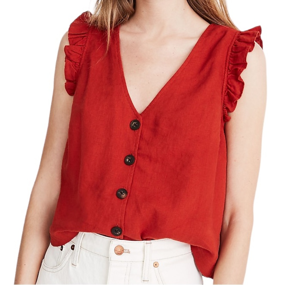 Madewell 4 Linen-Blend Ruffle Button-Front Tank Brick Red Button G
